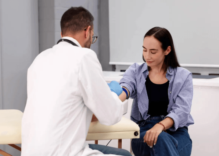 Medical professional performing a blood draw for affordable std testing houston in a clean, modern laboratory setting.
