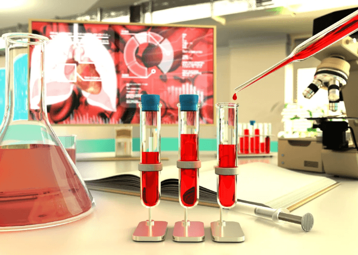 Digital rendering of blood vials and lab gear used for confidential std testing houston and medical health screening.