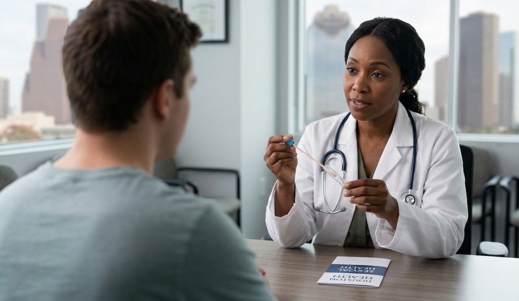 Doctor explains herpes testing options for early detection to a new patient in a private clinic setting.