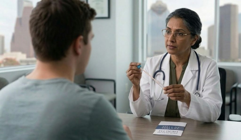 Doctor explains herpes testing options for early detection to a new patient in a private clinic setting.