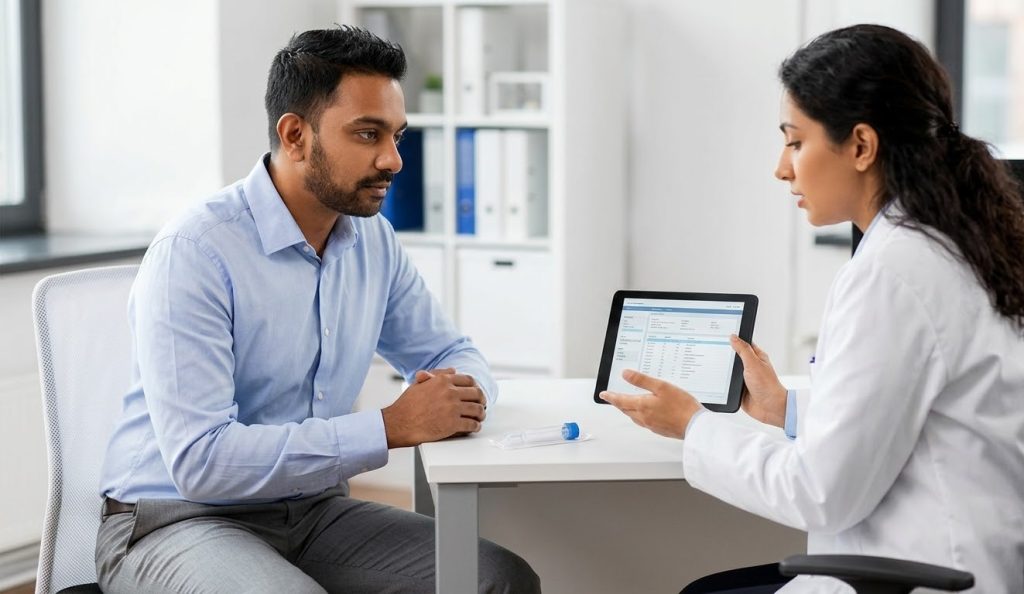 A Houston doctor reviews confidential digital results on a tablet with a patient. Find private herpes testing Houston now.
