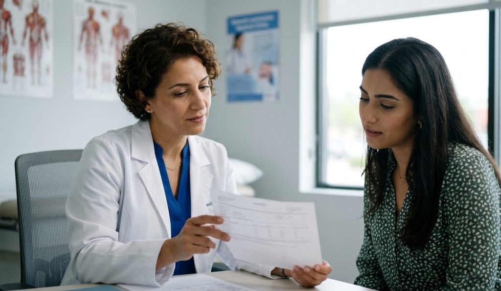 Female patient with curly hair reviews paper results with a doctor. Get discreet, confidential herpes testing Houston.