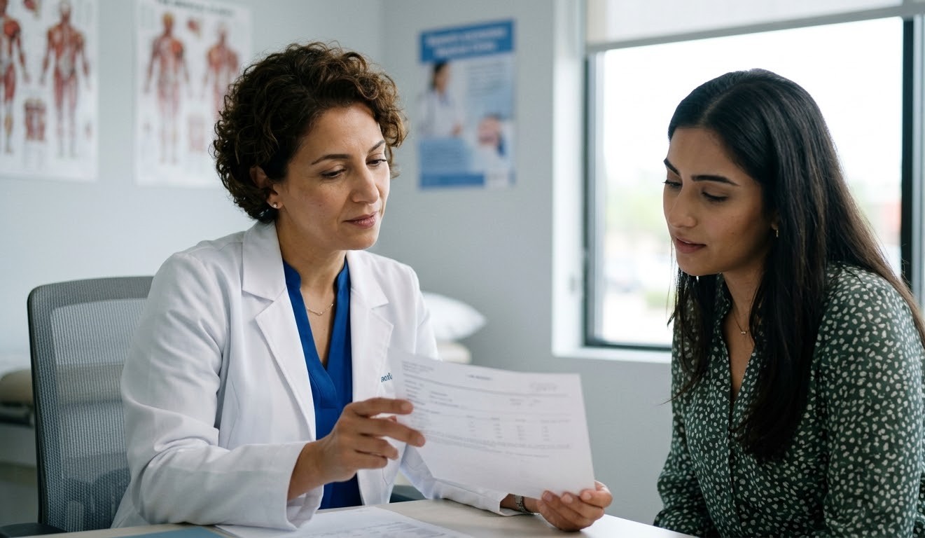 Female patient with curly hair reviews paper results with a doctor. Get discreet, confidential herpes testing Houston.