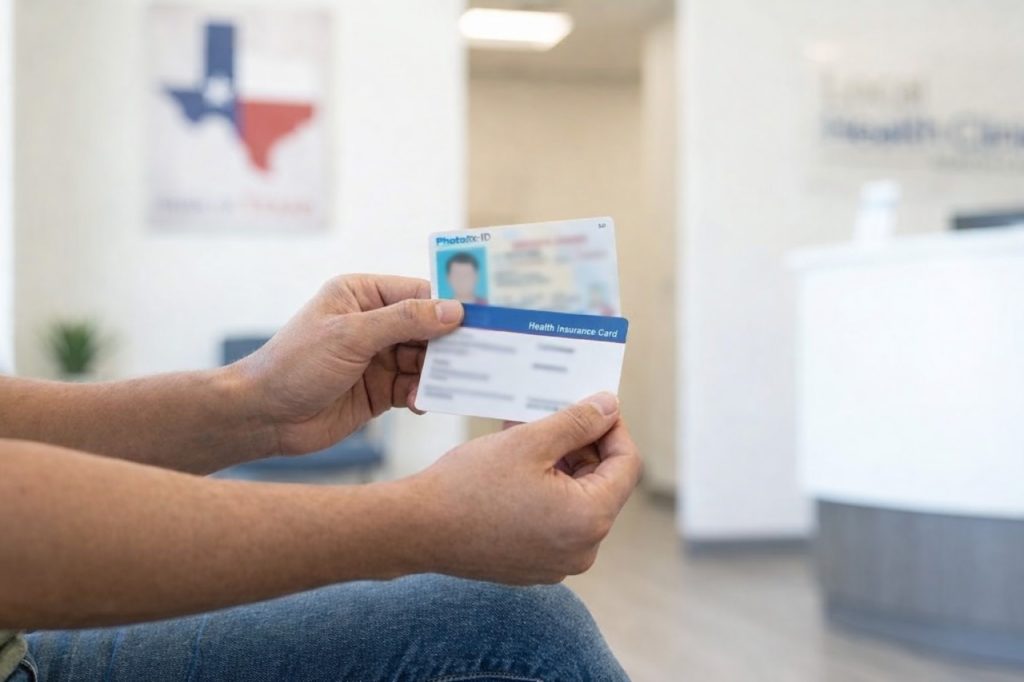 Hands holding a Texas ID and insurance card, simplifying the private walk in STD testing process in Houston.