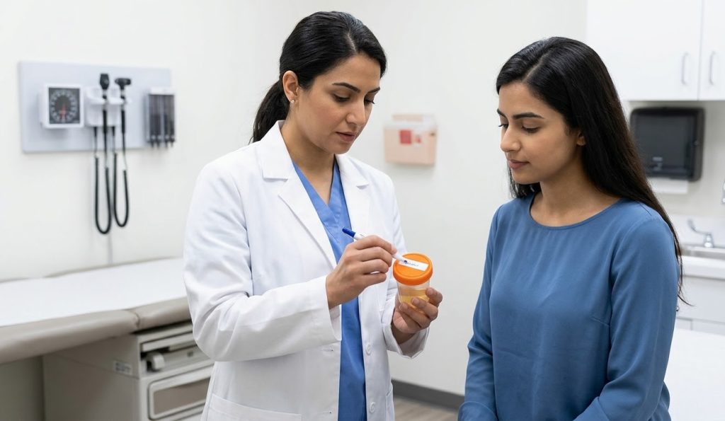 Female patient with straight dark hair views a urine sample label with a doctor. Safe, private herpes testing Houston.