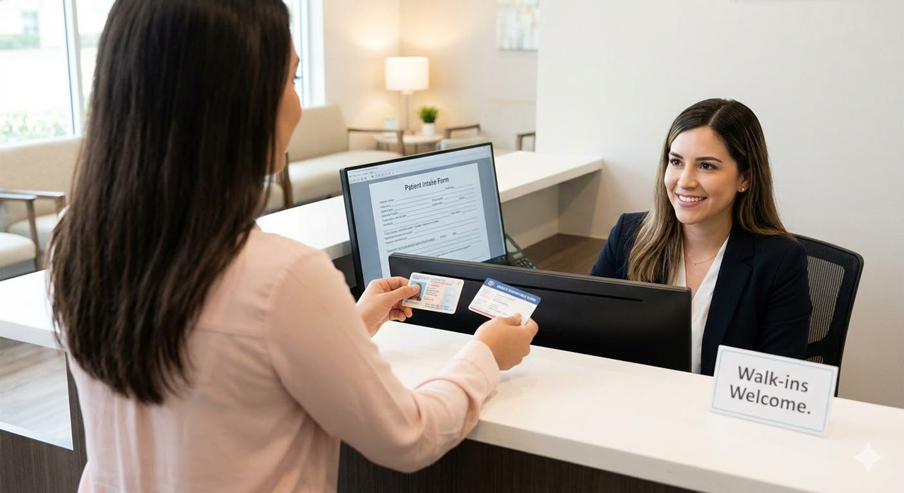A woman at a Houston clinic reception desk presents her identification for confidential walk in STD testing.