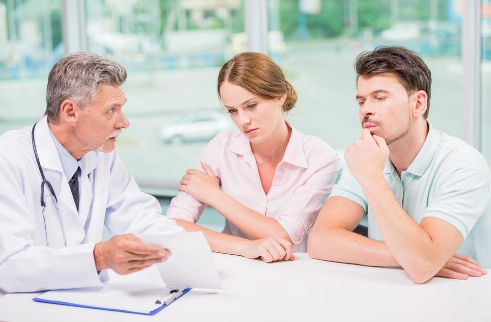 Concerned couple reviews medical results for walk in std testing Houston with a male physician in a bright office 