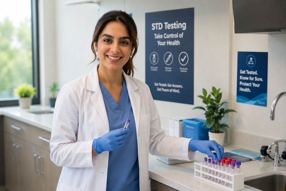 Affordable STD testing Houston clinic staff prepares test tubes in lab promoting confidential results and sexual health awareness.