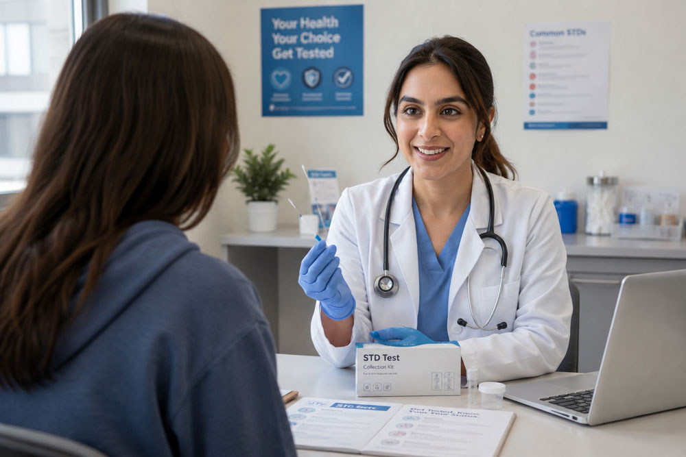 Doctor demonstrates affordable STD testing Houston kit with swab and specimen container during sexual health consultation.