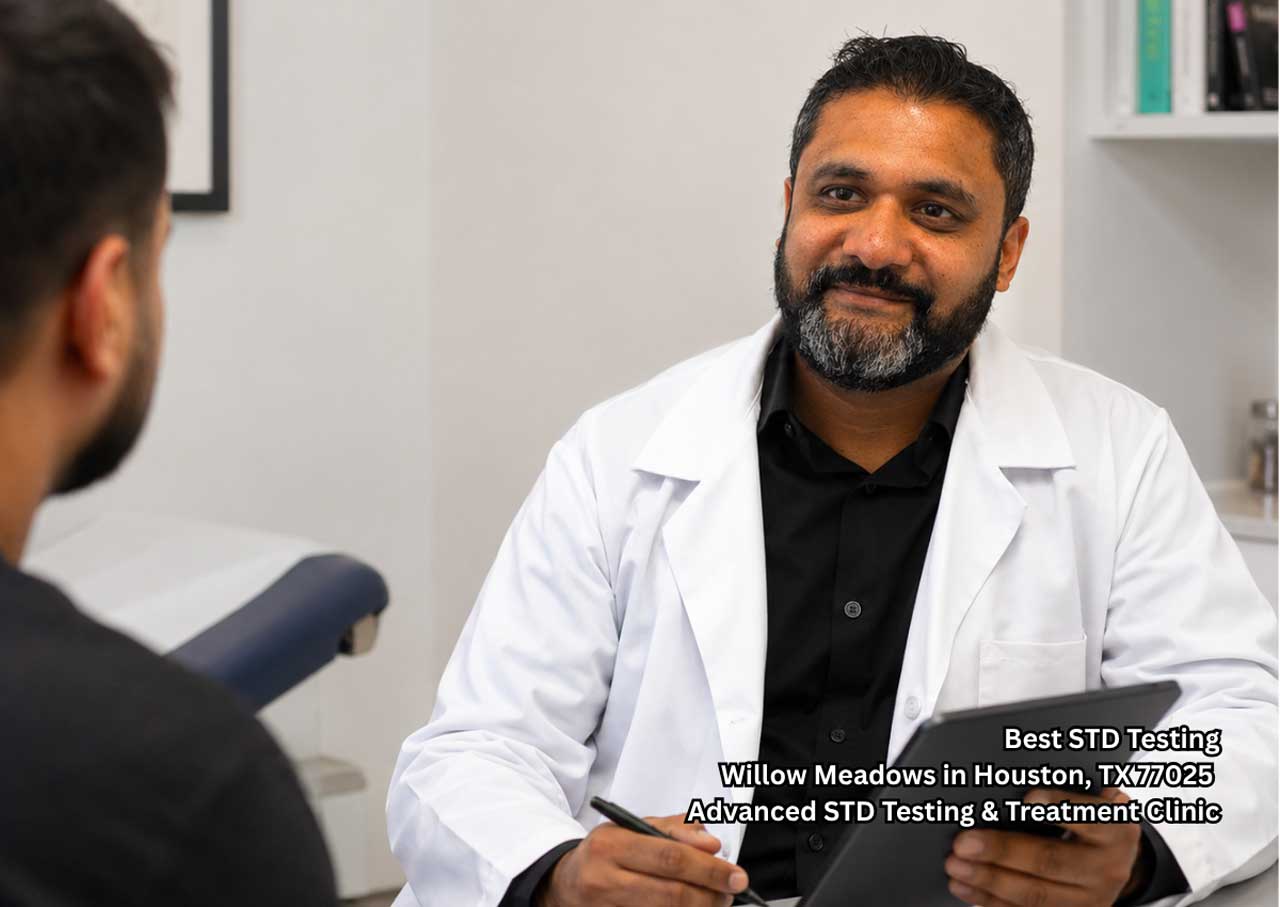 Doctor discussing confidential sexual health testing options with a patient in clinic for best std testing Houston care