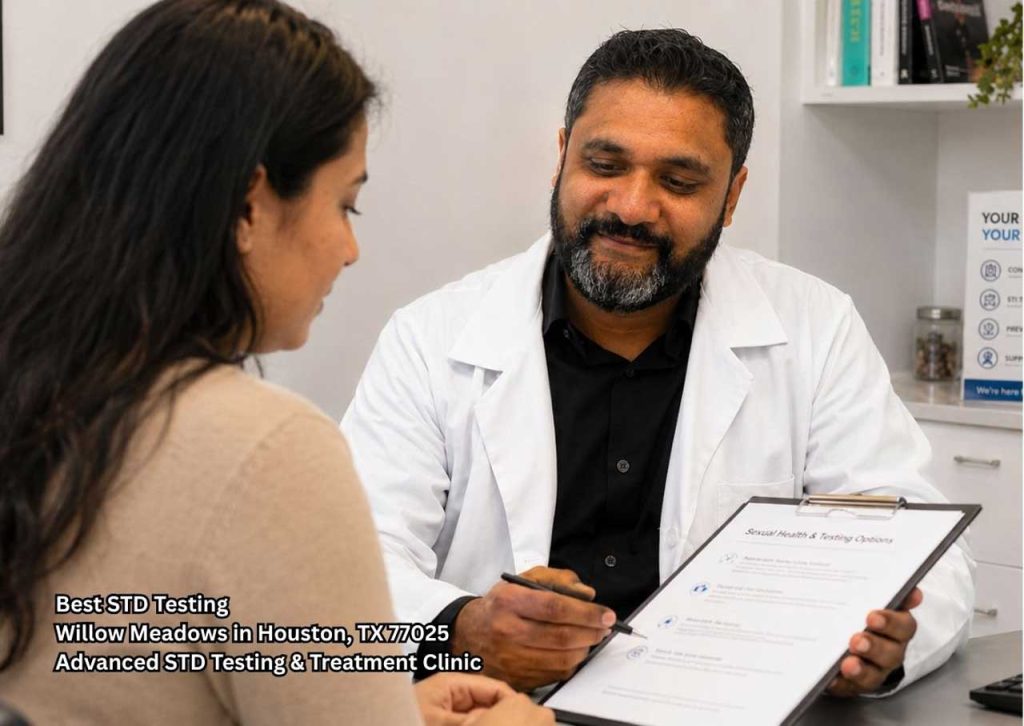 Doctor reviewing sexual health and testing information with a patient seeking best std testing Houston support
