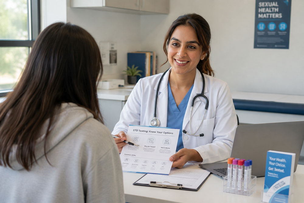Healthcare professional explains affordable STD testing Houston options during patient consultation with educational materials.