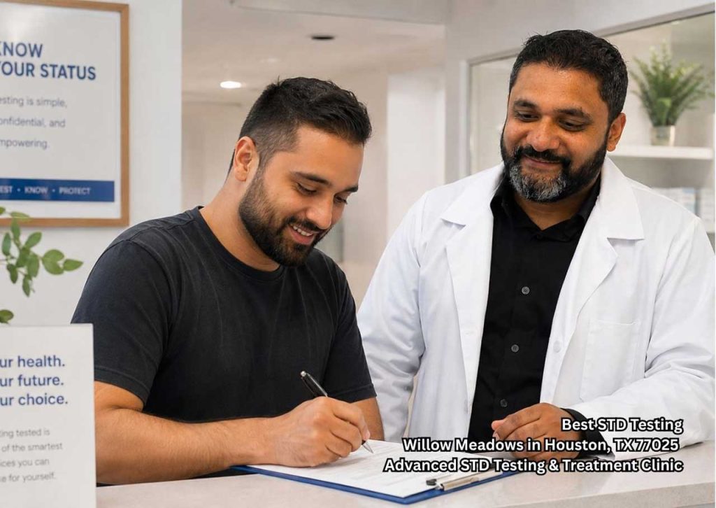 Patient completing clinic paperwork beside a doctor for confidential care and best std testing Houston services