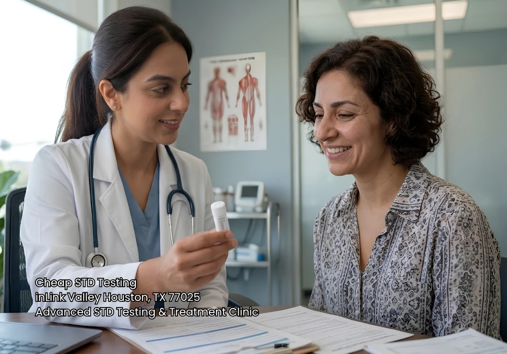 Female doctor discussing medical results with a smiling woman seeking cheap std testing Houston options.