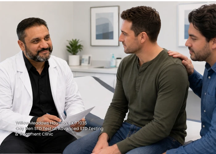 Doctor discussing confidential results during a gay men STD test Houston consultation in Willow Meadows clinic. 