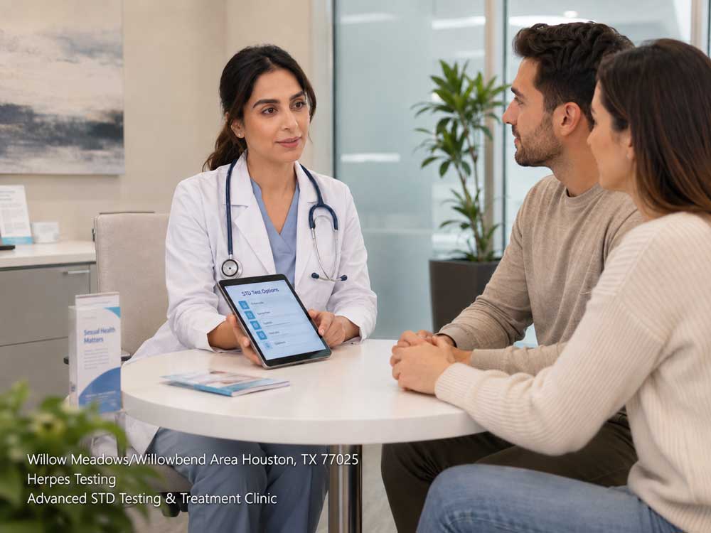 Physician explaining confidential herpes testing in Houston using a digital tablet for an STD consultation.