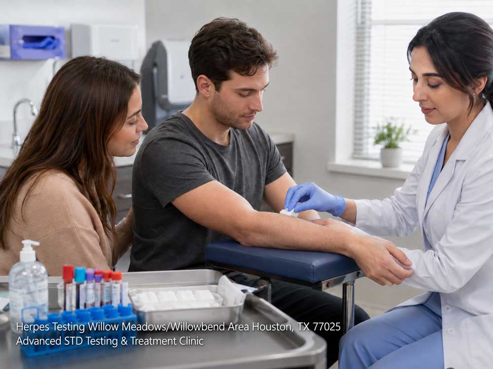 Healthcare provider preparing a patient for professional herpes testing in Houston at an STD treatment clinic.