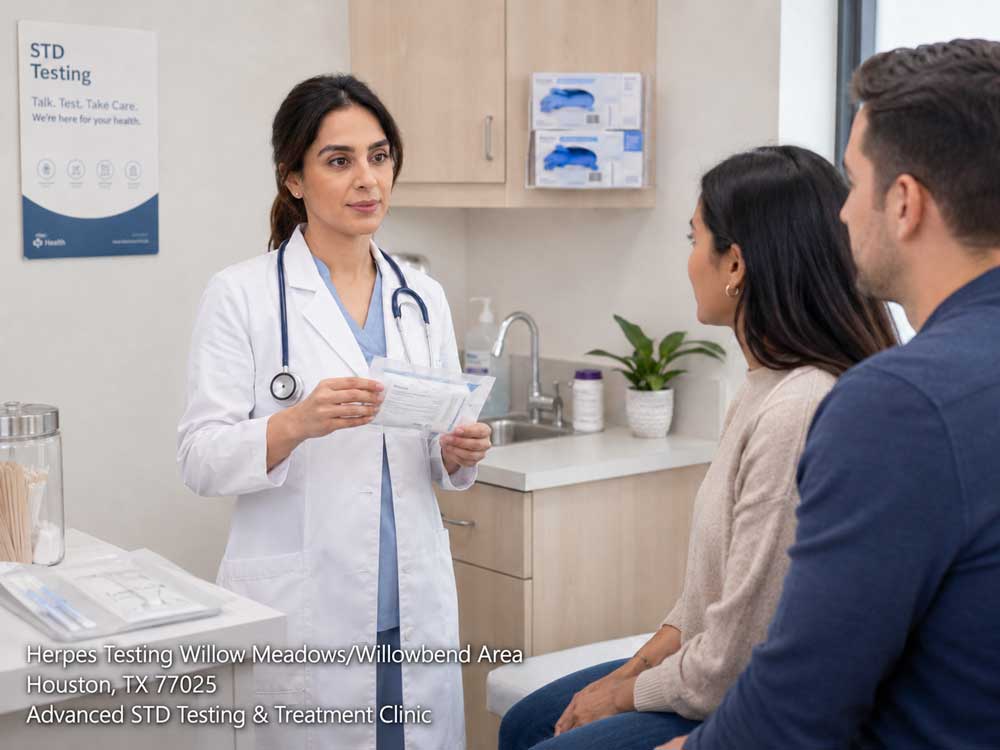 Doctor discussing herpes testing in Houston with a couple while holding an STD screening kit in a clinic.