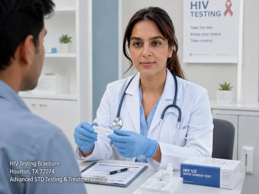 Medical professional explaining rapid HIV testing Houston screening cassette results to patient at Braeburn clinic.