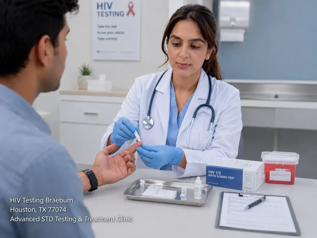 Female healthcare provider performing rapid HIV testing Houston service on a male patient at an STD clinic.