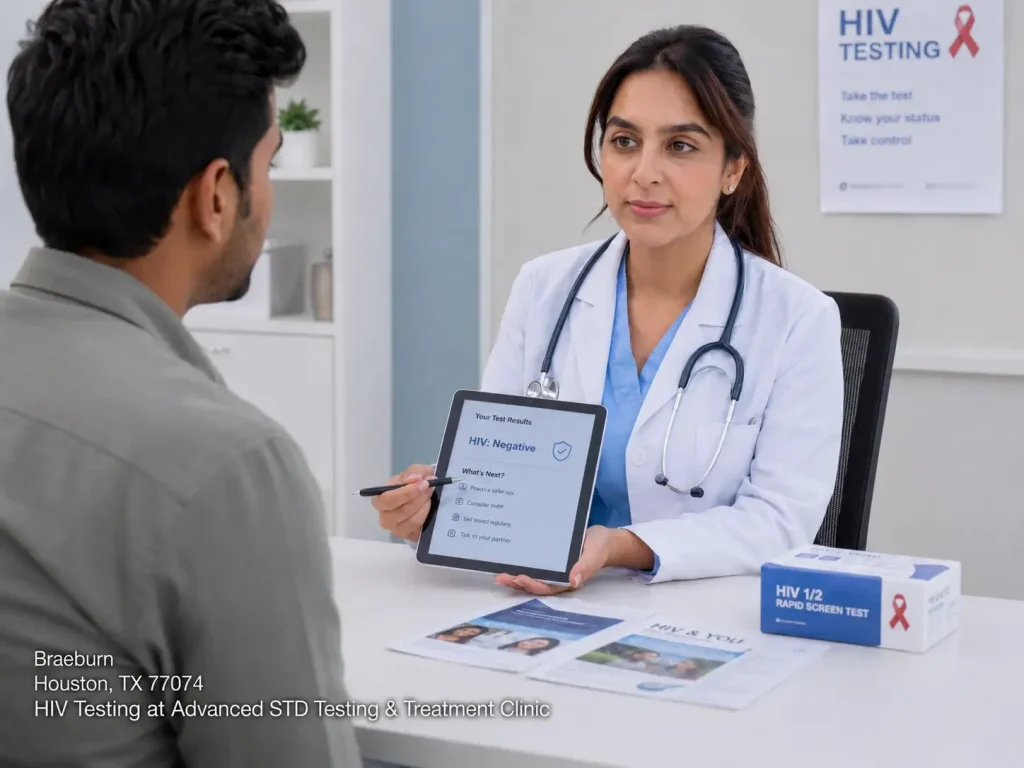 Healthcare professional sharing confidential HIV testing Houston results showing negative status on a tablet.