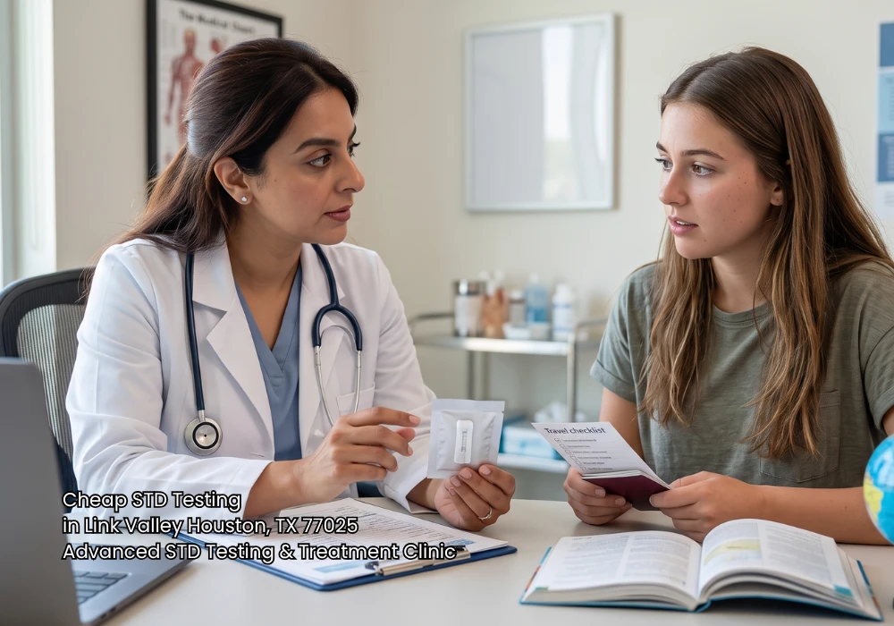 Doctor explaining a diagnosis kit to a young patient looking for cheap std testing Houston clinics.