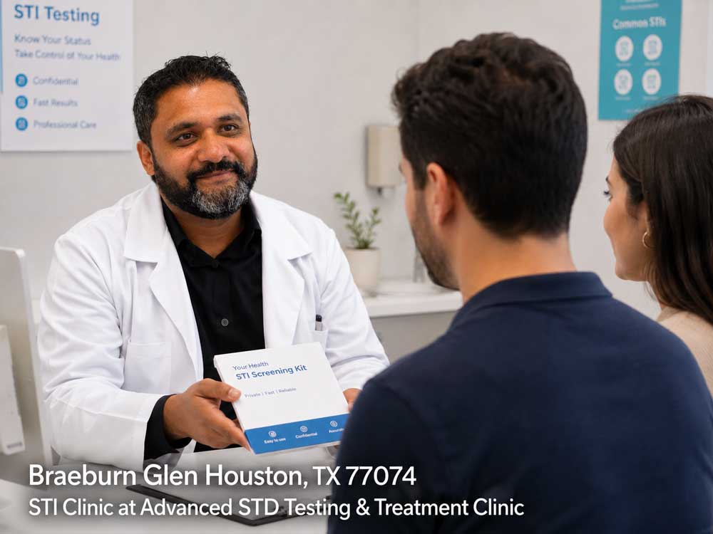 Doctor handing an STI screening kit to a couple at an STI clinic in Braeburn Glen, Houston, TX for STD testing.