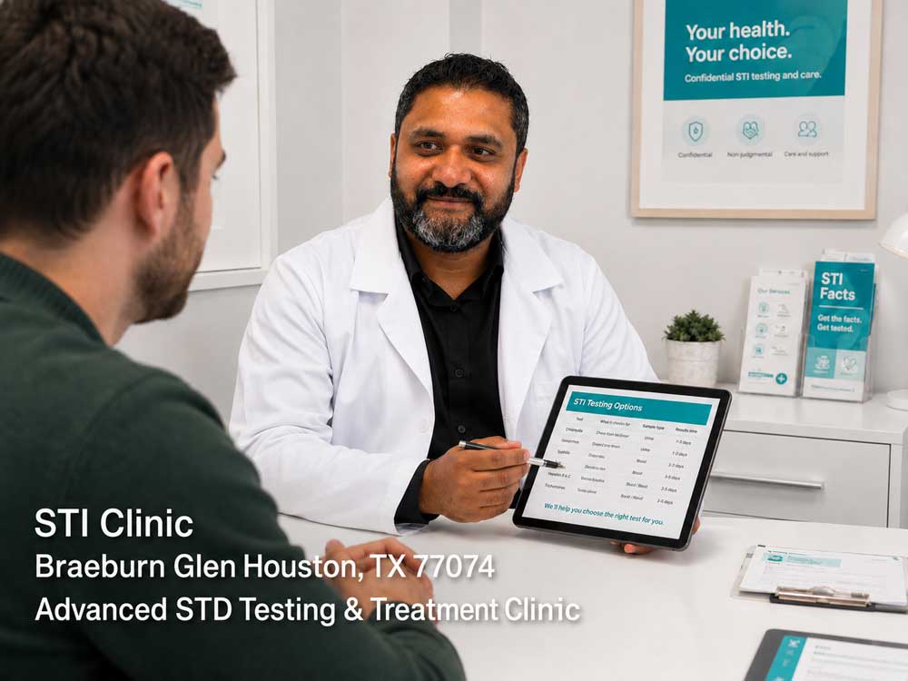 Doctor pointing to STI testing options on a tablet at a confidential STI clinic in Houston, TX for STD treatment.