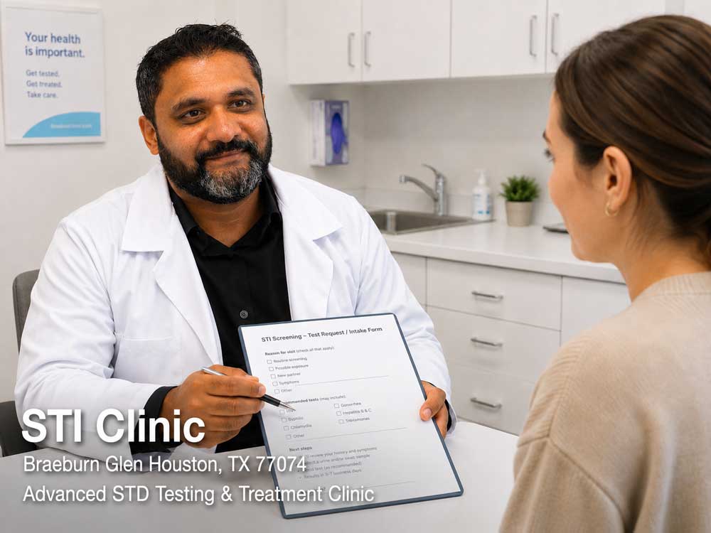 Doctor reviewing a intake form with a patient at an STI clinic in Braeburn Glen, Houston TX for STD testing care.