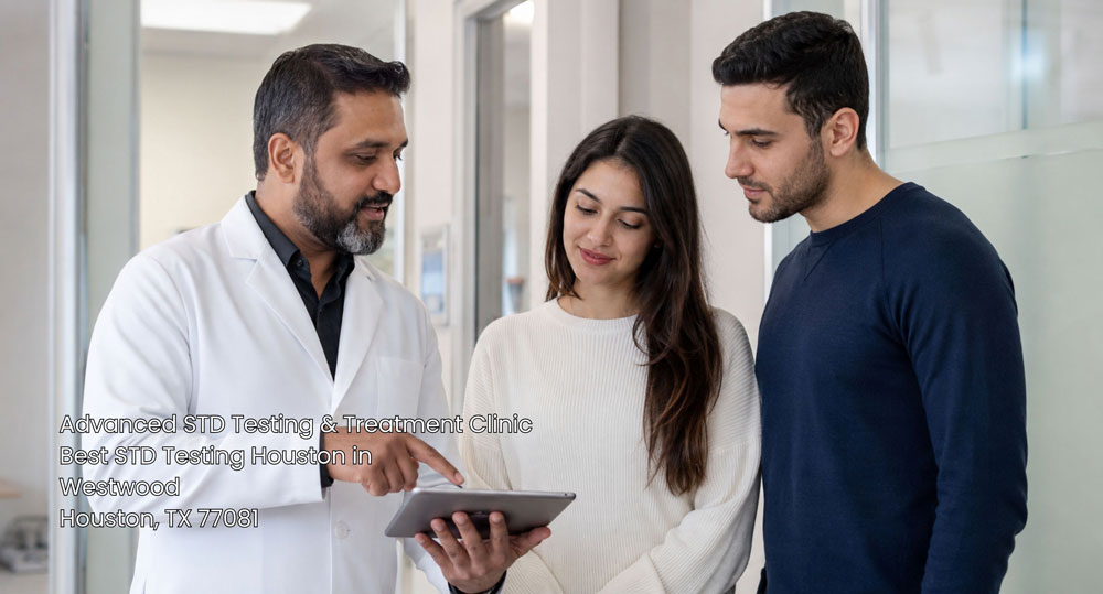 Doctor sharing digital medical results on a tablet at the best STD testing Houston clinic in Westwood.