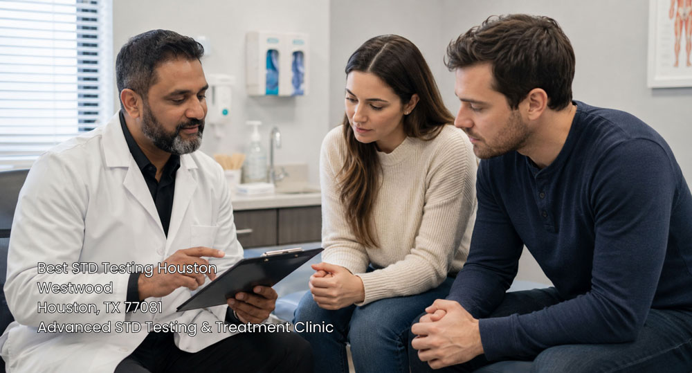 Doctor reviewing medical chart with couple during consultation at the best STD testing Houston clinic.