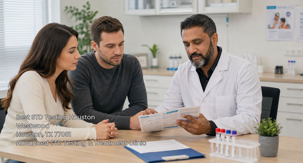 A doctor reviewing lab results with a couple at the best STD testing Houston clinic in Westwood TX 77081.