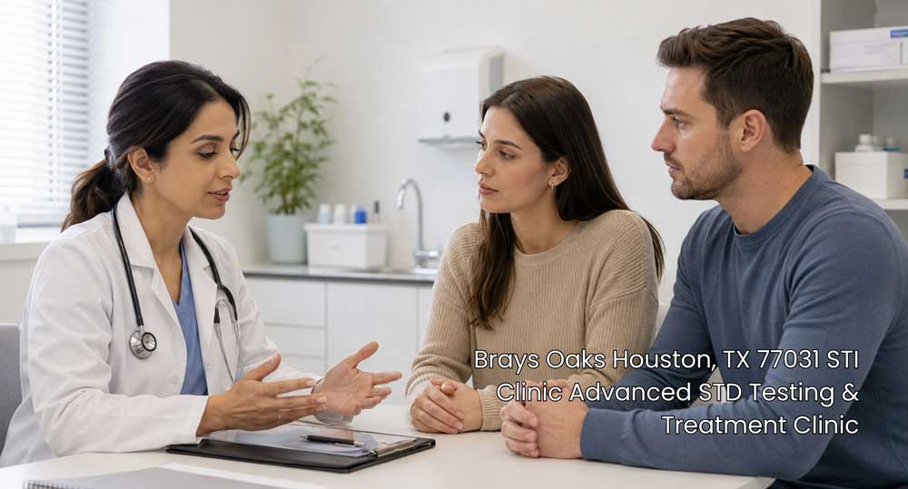 Female doctor talking to a young couple during a confidential consultation at an STI clinic in Brays Oaks Houston TX 77031.