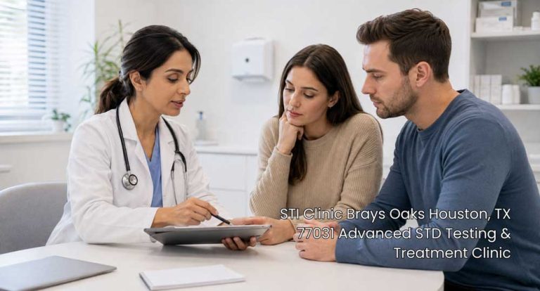 Female physician reviewing digital tablet results with a couple at an STI clinic in Brays Oaks Houston TX 77031.