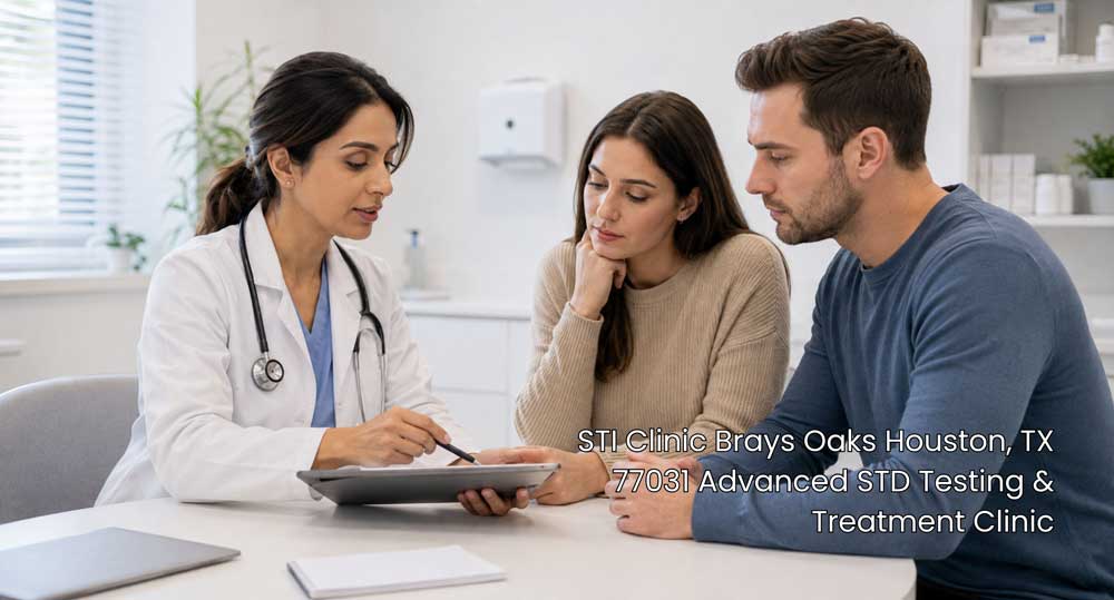Female physician reviewing digital tablet results with a couple at an STI clinic in Brays Oaks Houston TX 77031.