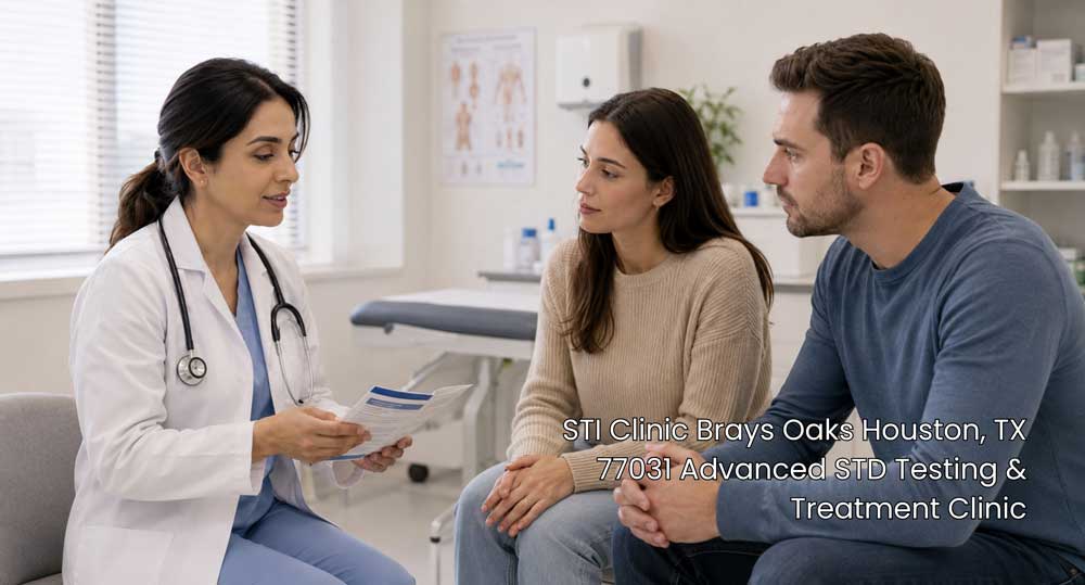Doctor sharing medical brochures with a young couple during a visit to an STI clinic in Brays Oaks Houston TX 77031.
