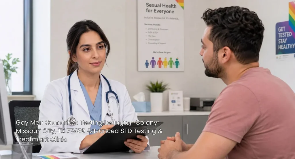 Gay men gonorrhea testing Houston specialist discussing sexual health results confidentially with a patient. 