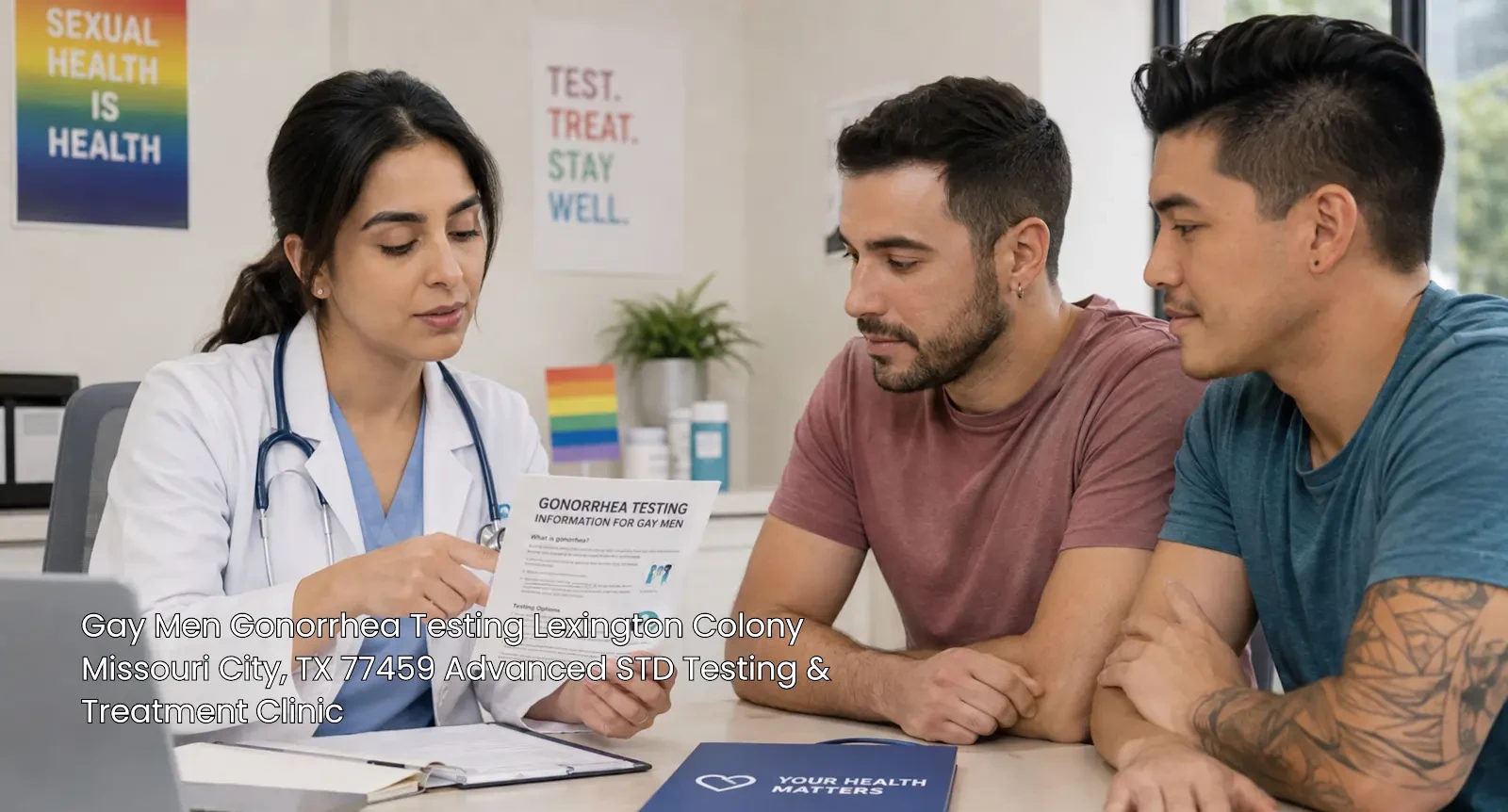 Doctor explaining gay men gonorrhea testing Houston options to inclusive couple during confidential health visit.