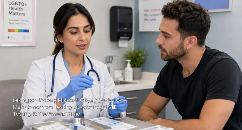 Doctor preparing swab sample for gay men gonorrhea testing Houston clinic, ensuring private STI care for patients. 