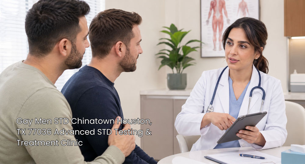 Gay men STD in Houston, TX 77036 Chinatown: advanced testing & treatment clinic. Male couple in a medical office.