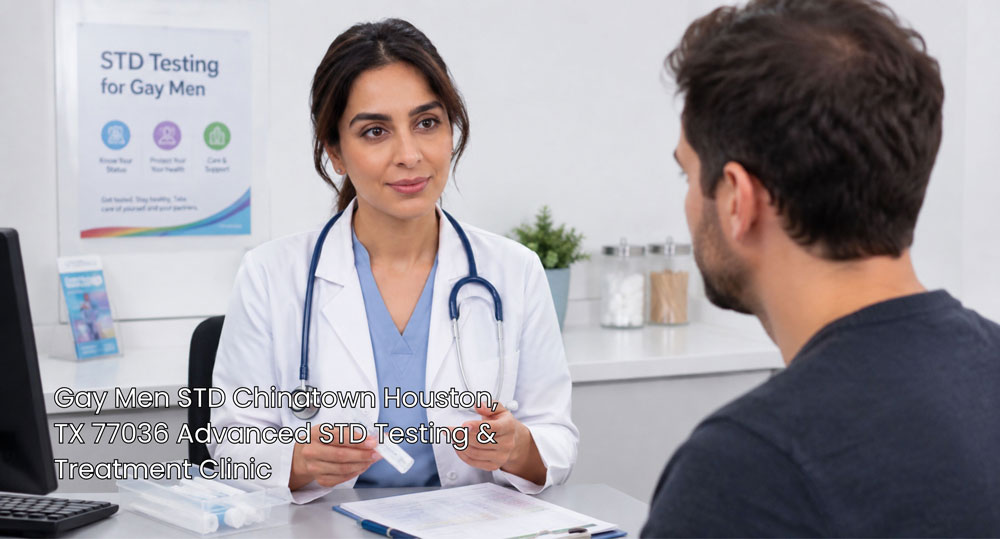 Gay men STD testing near Chinatown Houston. Patient at an advanced clinic. Early detection information provided.