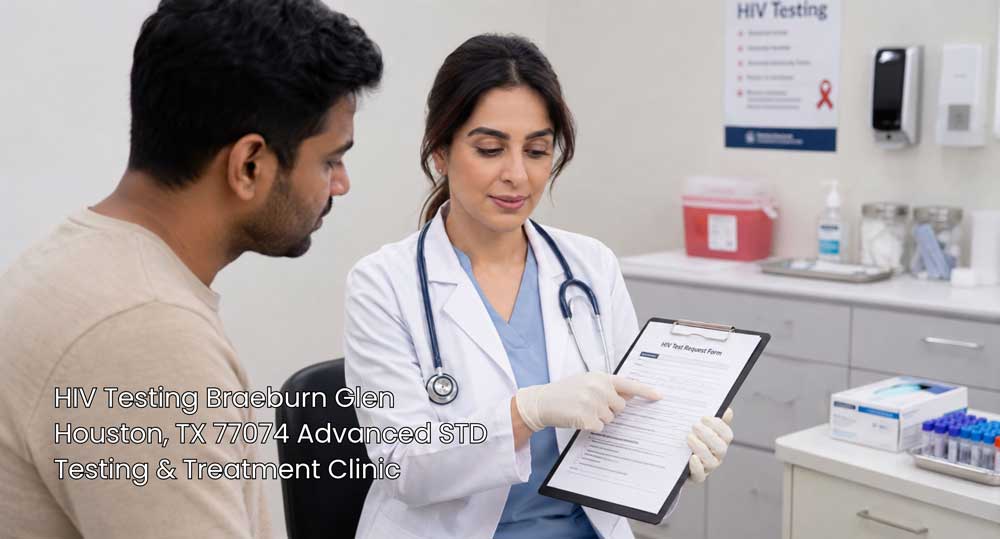 Female doctor reviewing request form with patient for HIV testing Houston at Braeburn Glen Advanced STD Testing Clinic.