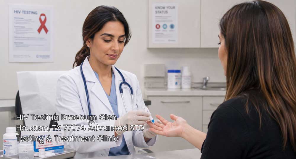Doctor administering rapid finger-prick blood test during confidential HIV testing Houston at Braeburn Glen Clinic.