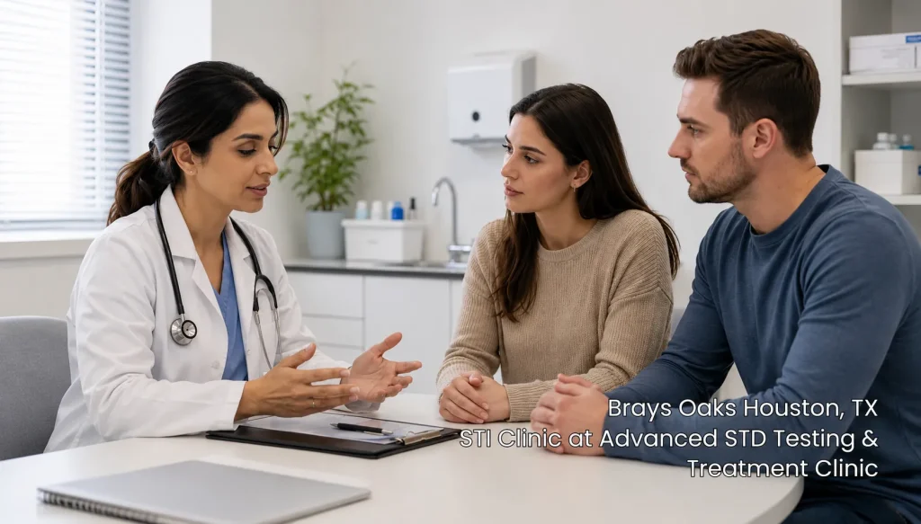 Female doctor talking to a young couple during a confidential consultation at an STI clinic in Brays Oaks Houston TX 77031. 