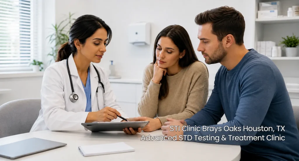 Female physician reviewing digital tablet results with a couple at an STI clinic in Brays Oaks Houston TX 77031.