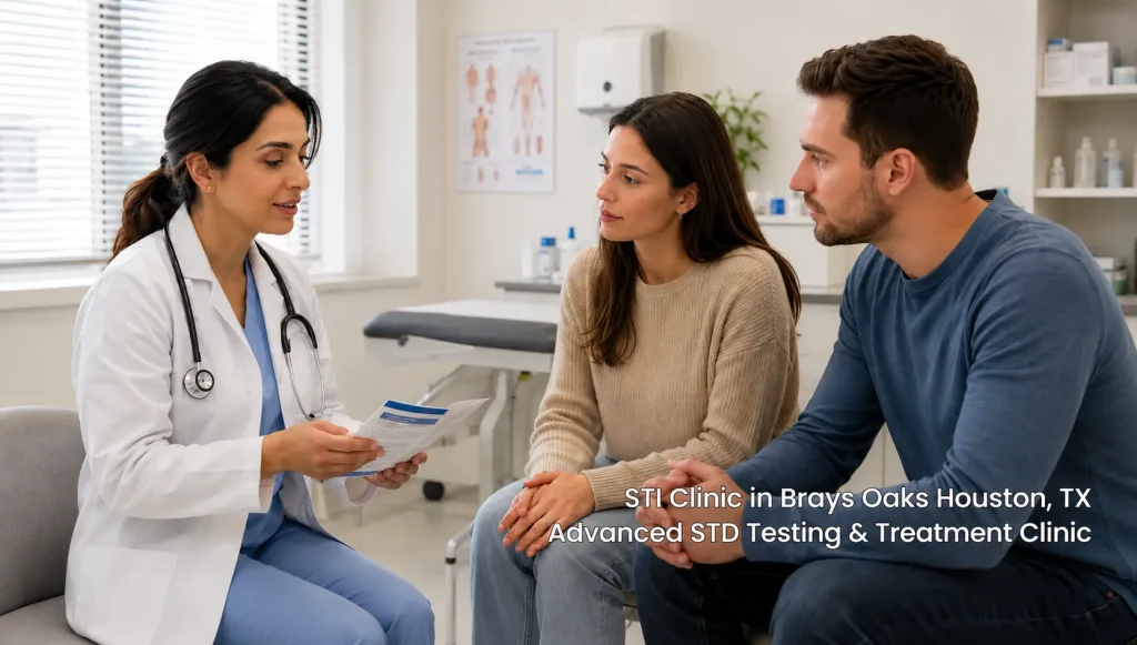 Doctor sharing medical brochures with a young couple during a visit to an STI clinic in Brays Oaks Houston TX 77031. 
