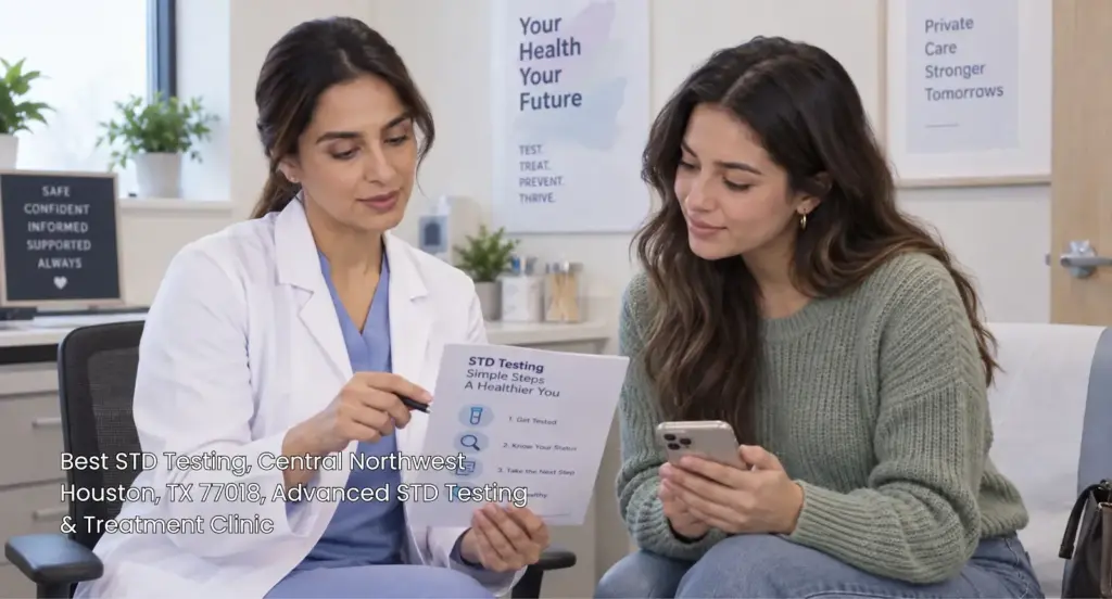 Doctor showing patient an informational guide for the best std testing Houston offers near Central Northwest.