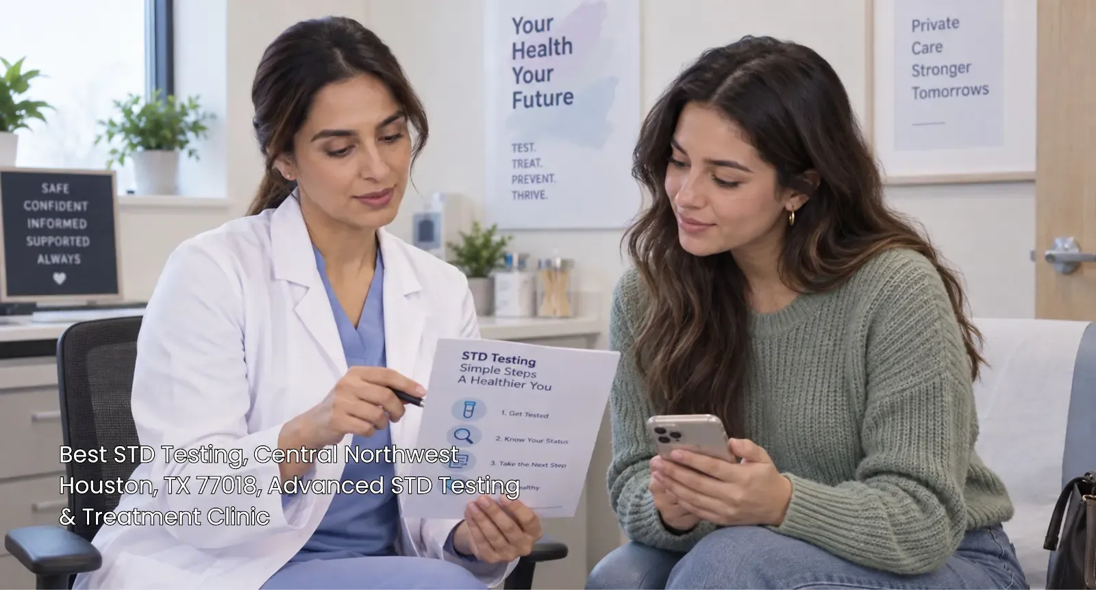 Doctor showing patient an informational guide for the best std testing Houston offers near Central Northwest.