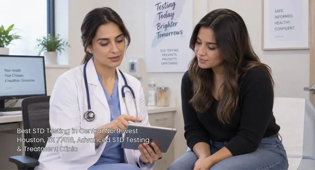 Doctor reviewing digital health records for the best std testing Houston clinic located in Central Northwest. 