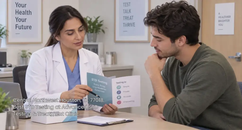 Doctor discussing health flyer with a young man seeking the best std testing Houston clinic in Central NW. 